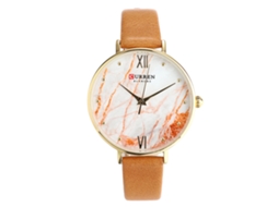 Relógio Analógico de Quartzo Feminino com Pulseira de Couro Caixa Ouro Laranja