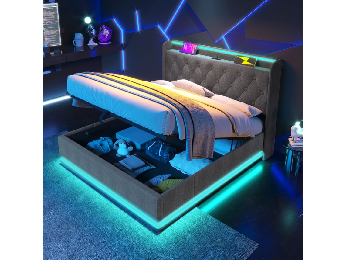 Cama Com Baú 140 X 200 Cm Em Linho - Com Led E Tomadas Usb E Tipo C - Cinza