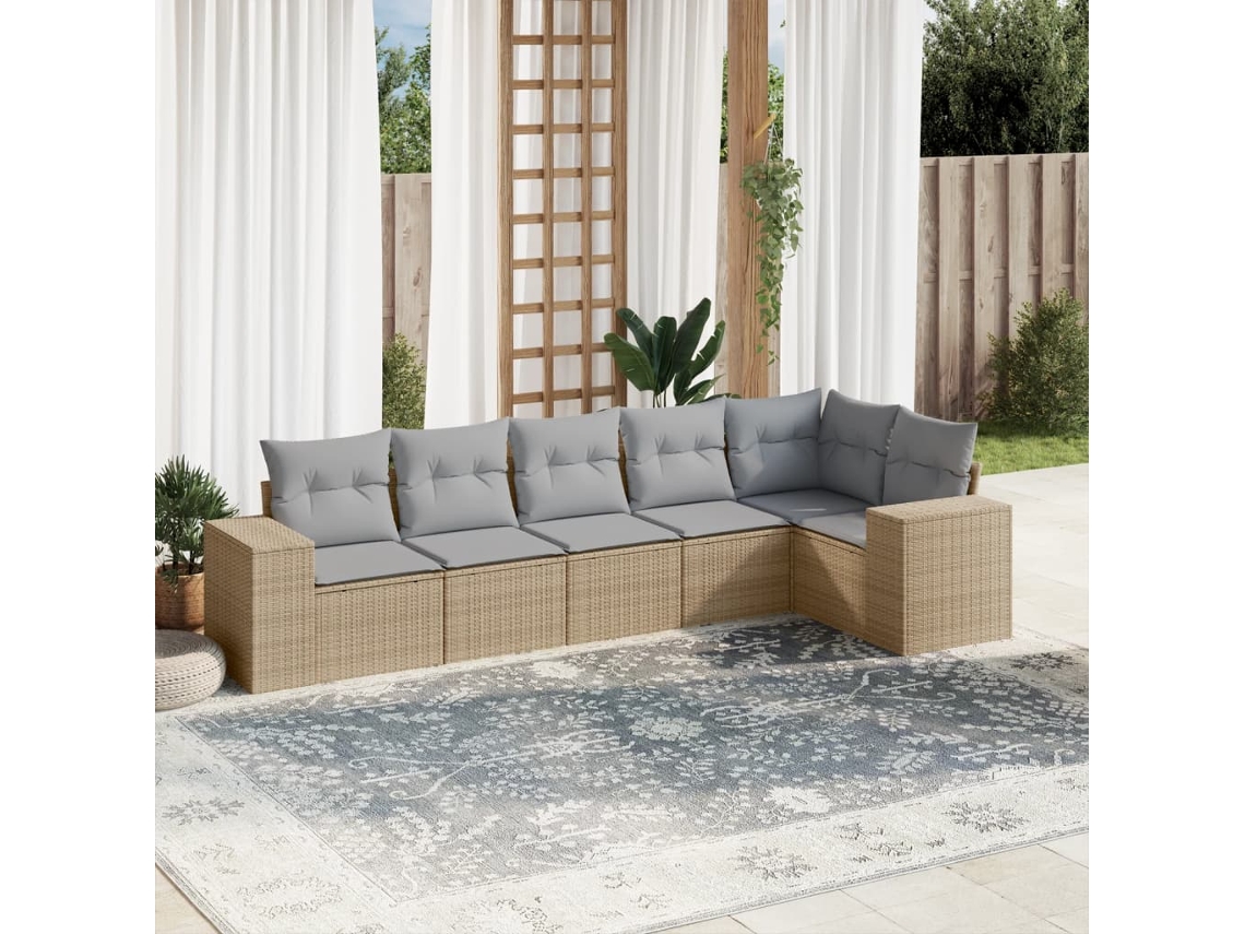 Vidaxl 6 Pcs Conjunto De Sofás P/ Jardim Com Almofadões Vime Pe Bege