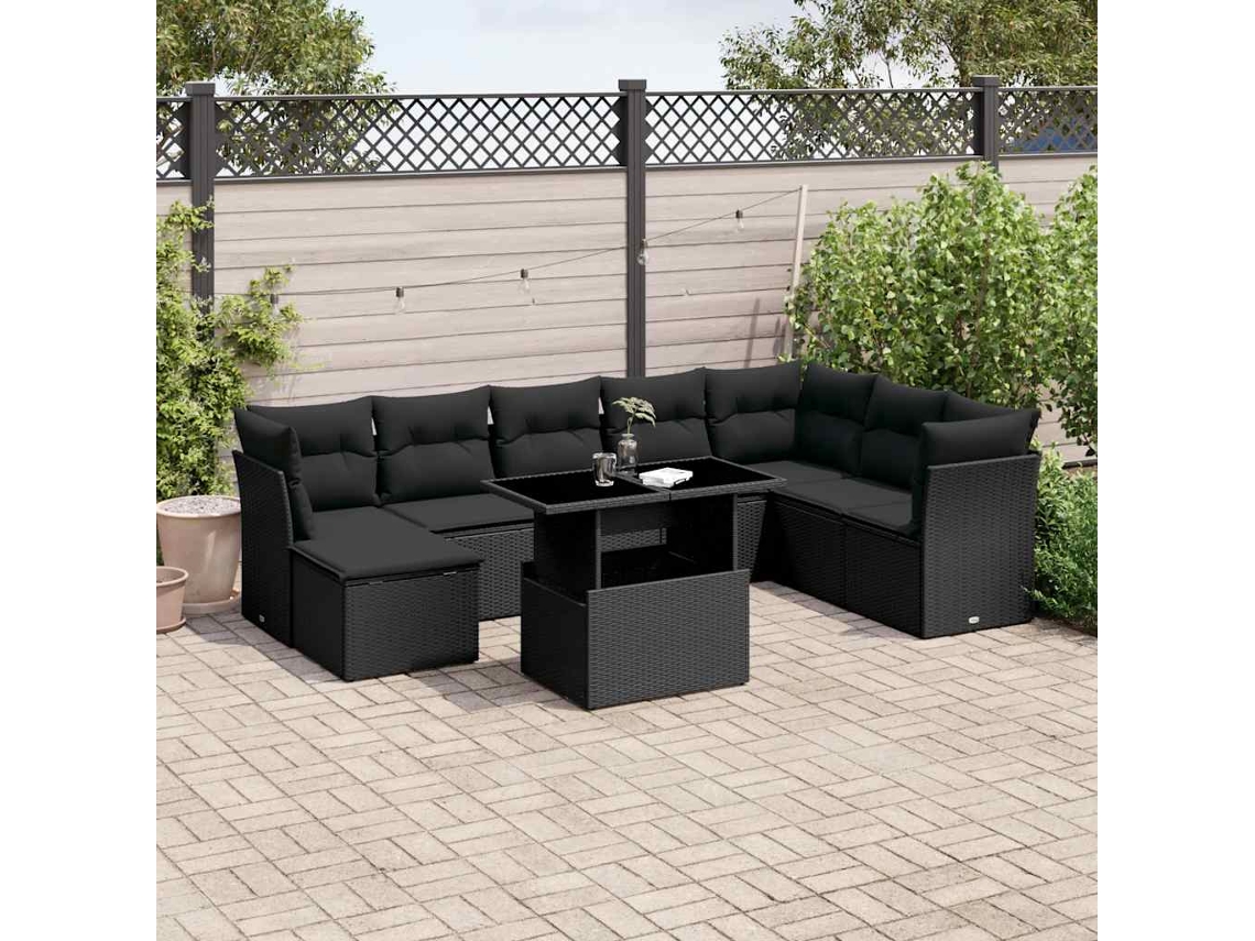 Vidaxl 9 Pcs Conjunto De Sofás P/ Jardim C/ Almofadões Vime Pe Preto