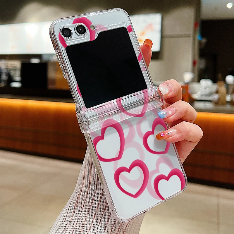 ((a697) Galaxy Z Flip 7) Capa Rígida Dobrável Transparente Com Estampa De Coração Vazado Para Celular Samsung