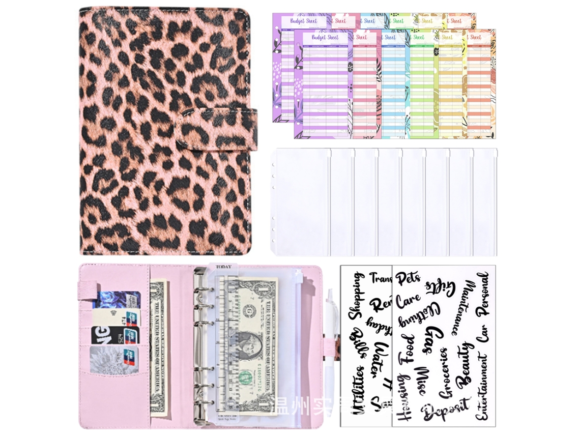 Pink Leopard Print A6 Cash Budget Binder With Zipper Pouch Includes 12 Cards, 8-bill Pockets, 2-clear English Stickers