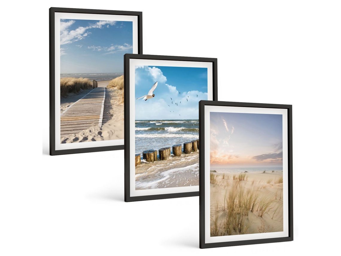 Galeria De Pinturas Murais Praia, Areia, Ondas, Céu, Pássaros Moldura Preta Quadros Para A Sala De Estar Espelharte (3 Piezas De 40x60 Cm)
