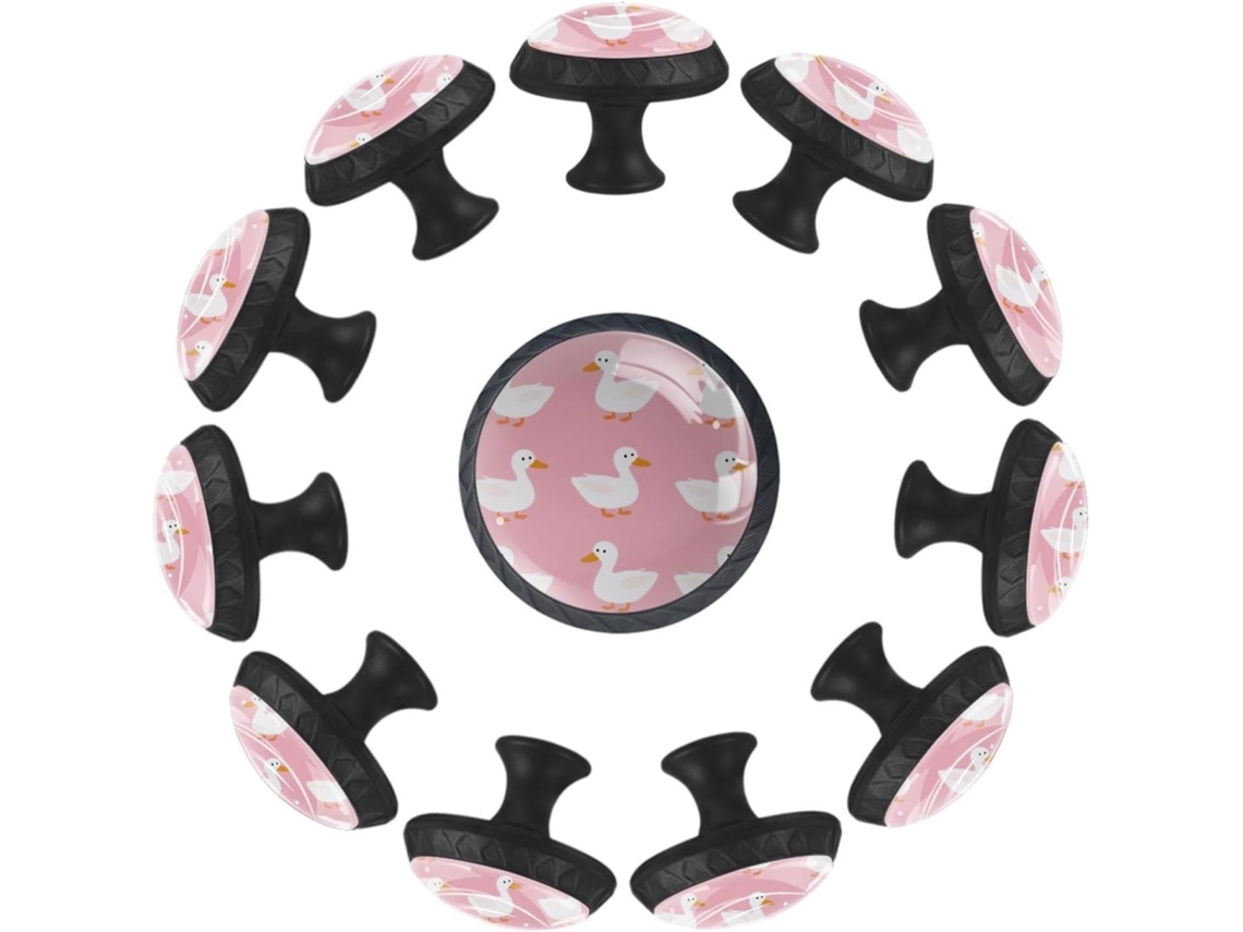 Puxadores Redondos De Vidro 35mm Com Estampa Patinhos Brancos Em Fundo Rosa, Ideais Para Armários, Gavetas, Cômodas E