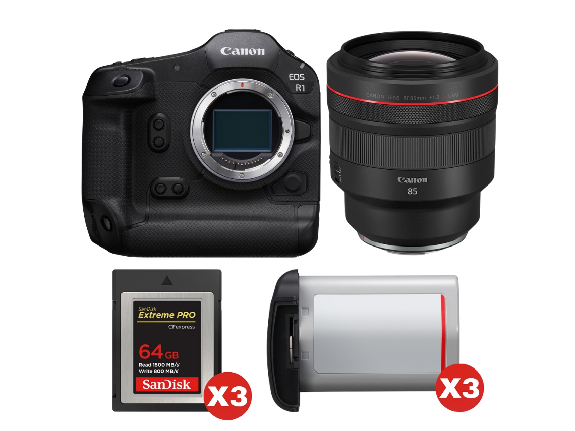 Eos R1 + Rf 85mm F/1.2 L Usm + 3 Sandisk 64gb Extreme Pro Cfexpress Type B + 3 Canon Lp e19 + Ebook “20 Dicas para Fotos Que Impressionam” CANON