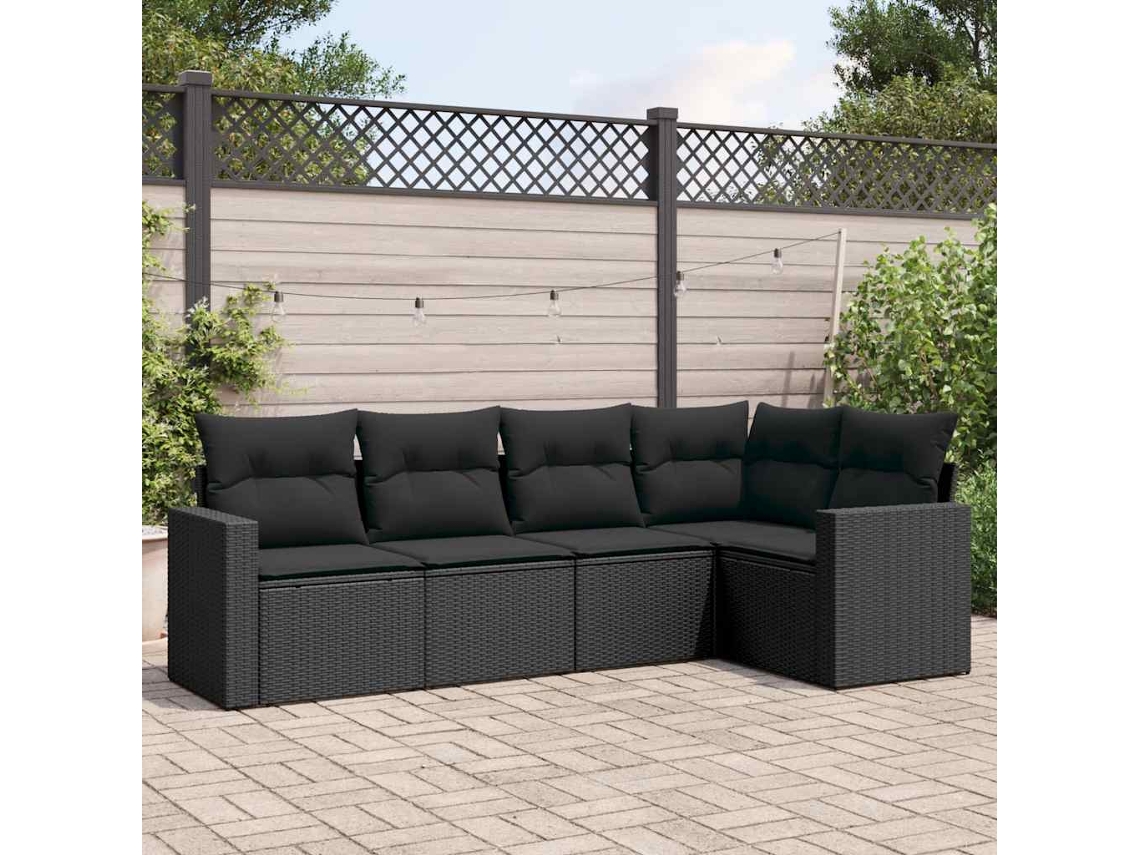 Vidaxl 5 Pcs Conjunto Sofás De Jardim Com Almofadões Vime Pe Preto