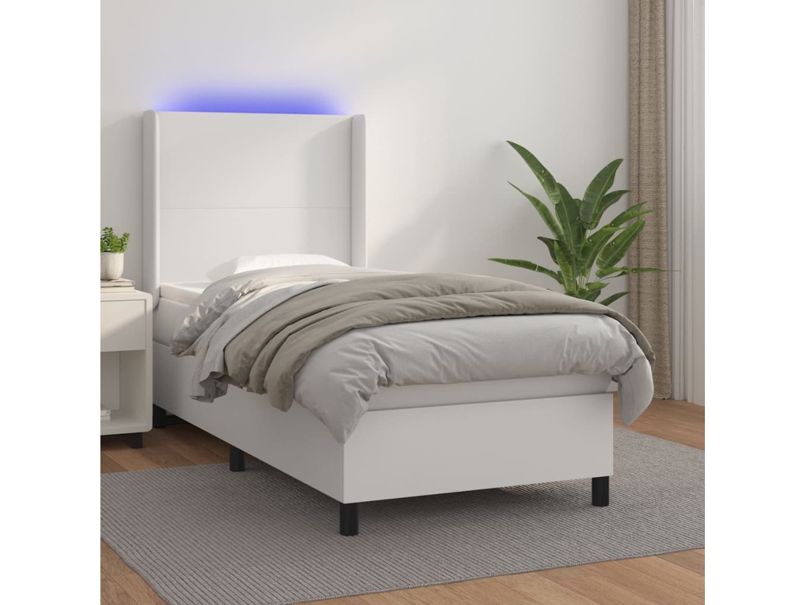 Vidaxl Cama Box Spring C/ Colchão/led 90x190cm Couro Artificial Branco