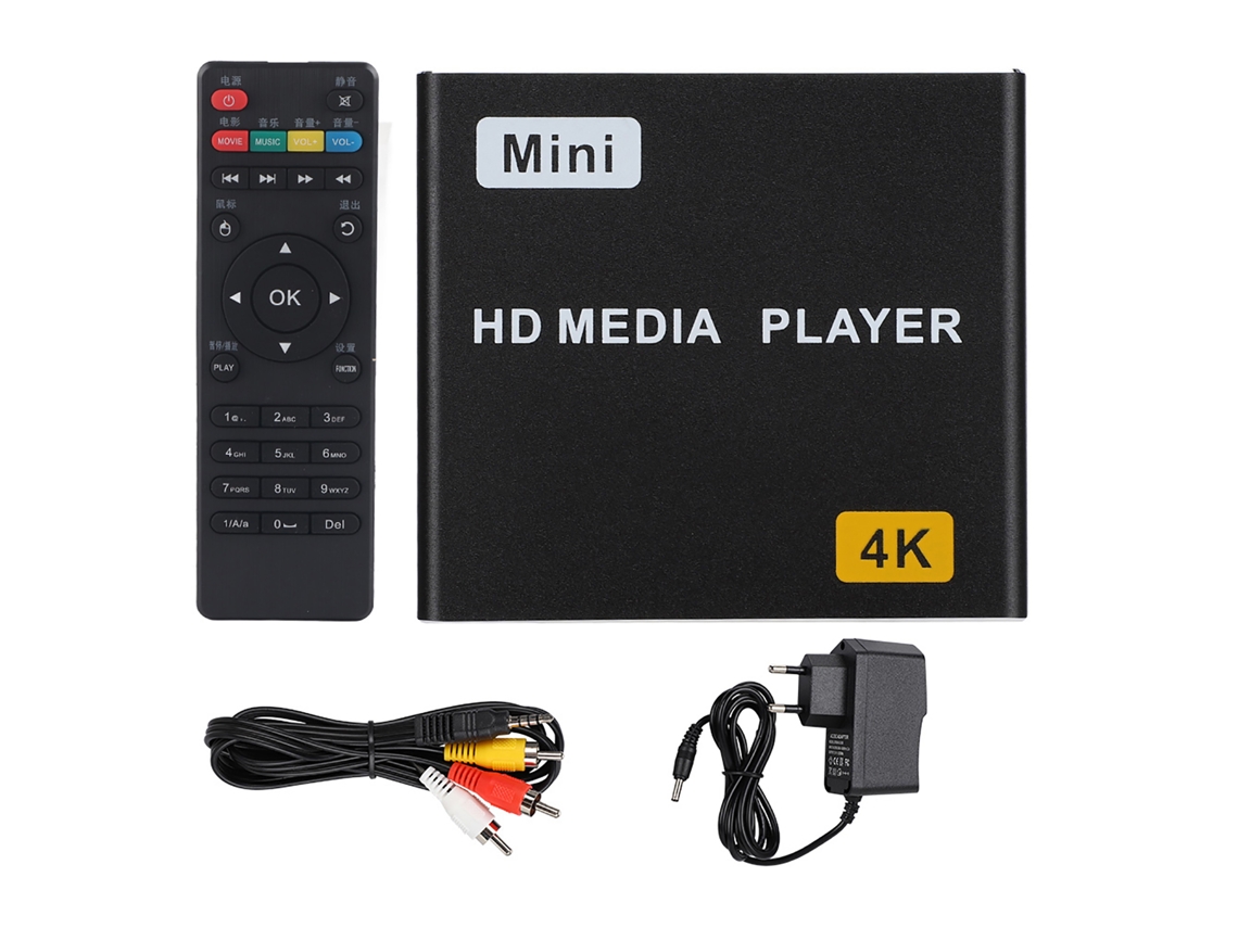 Reprodutor de mídia digital Mali 4K, Full HD, com HDMI, USB e SPDIF para uso doméstico.