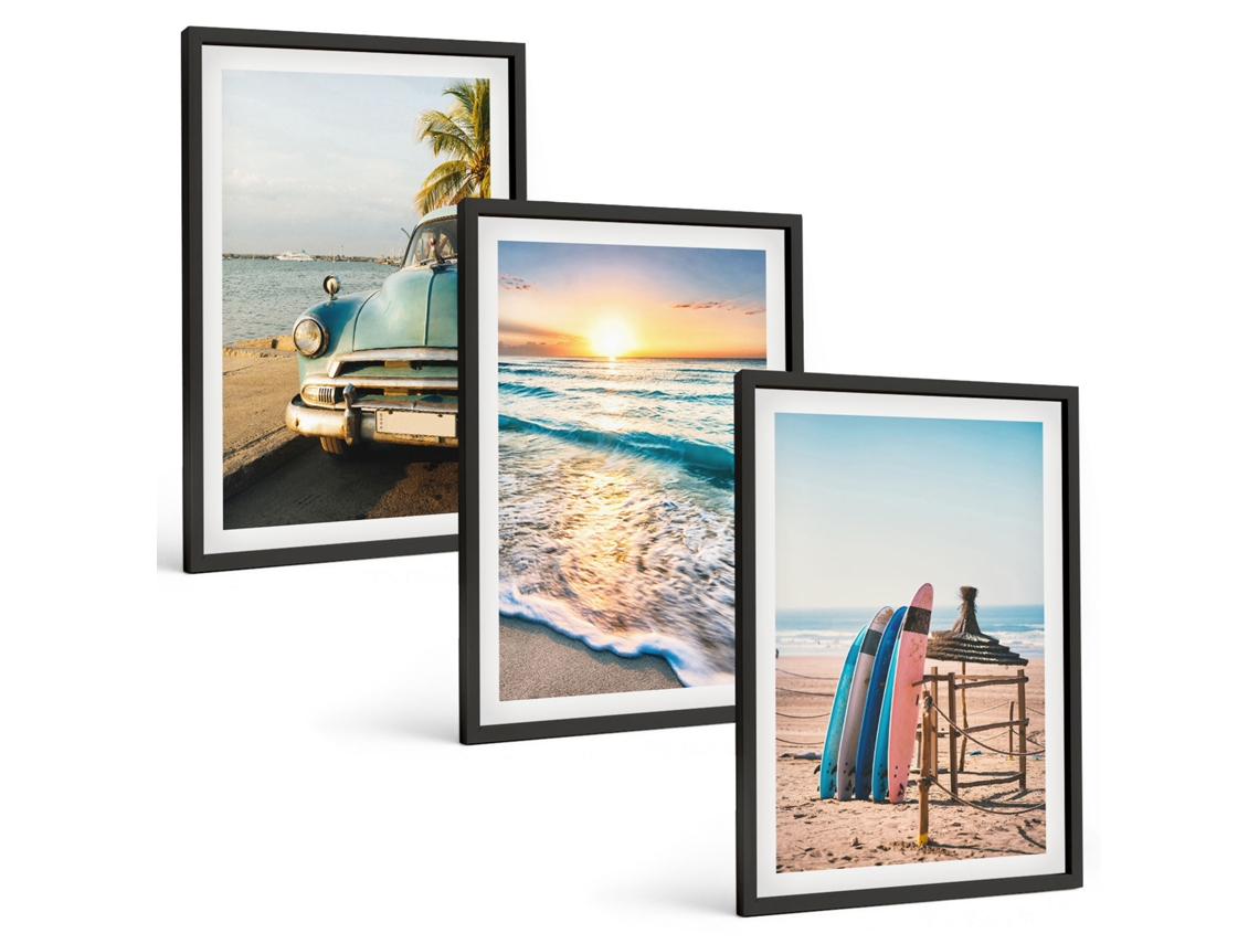 Composição De Quadros Na Parede Férias, Pôr Do Sol Em Miami Moldura Preta Imagens Para Um Quarto Infantil Espelharte (3 Piezas De 40x60 Cm)