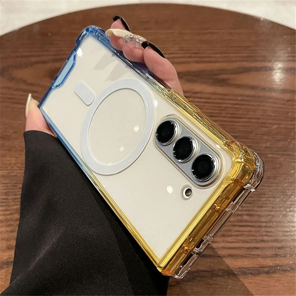 (amarelo-azul, Galaxy Z Fold3 5g) Capa Transparente Com Degradê E Resistente A Riscos, Compatível Com Carregamento Sem Fio Magnético