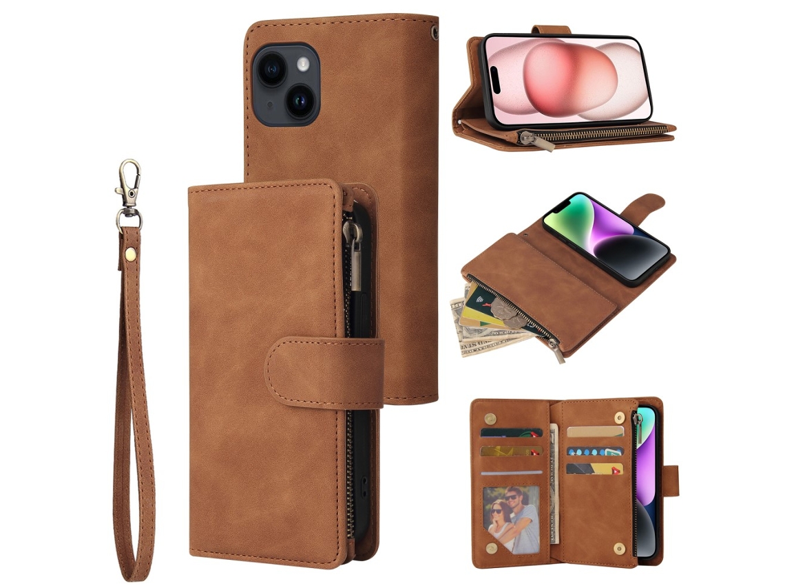 Capa Quedas Para Iphone 15 Pele Sintética Com Porta-cartões Castanho
