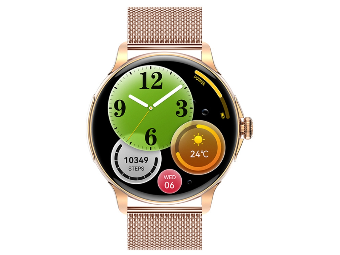 Smartwatch com chamadas Bluetooth, controle de voz, mostradores de relógio personalizáveis, atualizações meteorológicas e reprodução de música.