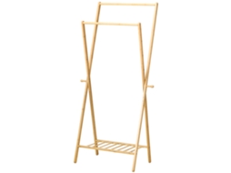 Suporte Para Cabides De Bambu Porta Com Prateleira Para Sapatos 2 Barras E 2 Ganchos Para Corredor Entrada Dormitório 74x42x150 Cm Madeira