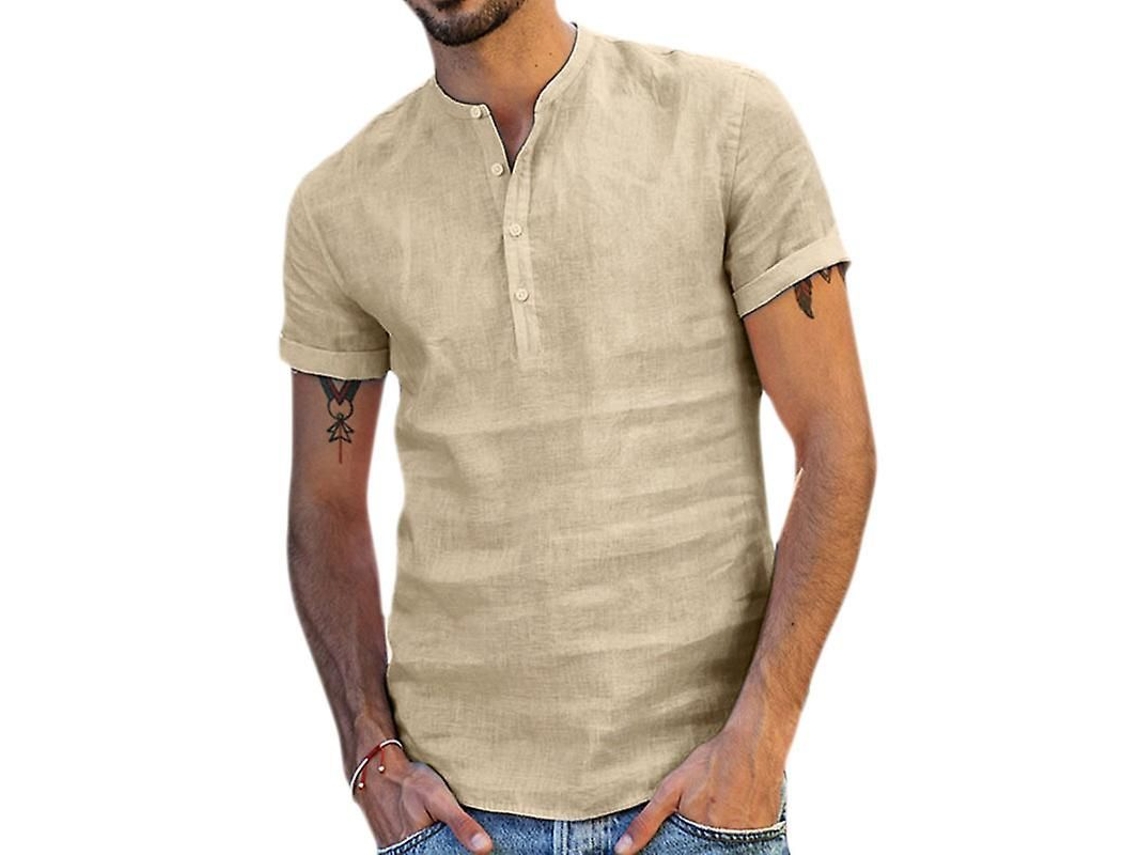 Camisa Henley Masculina De Manga Curta Estilo Linho Camiseta Casual Para Verão Khaki