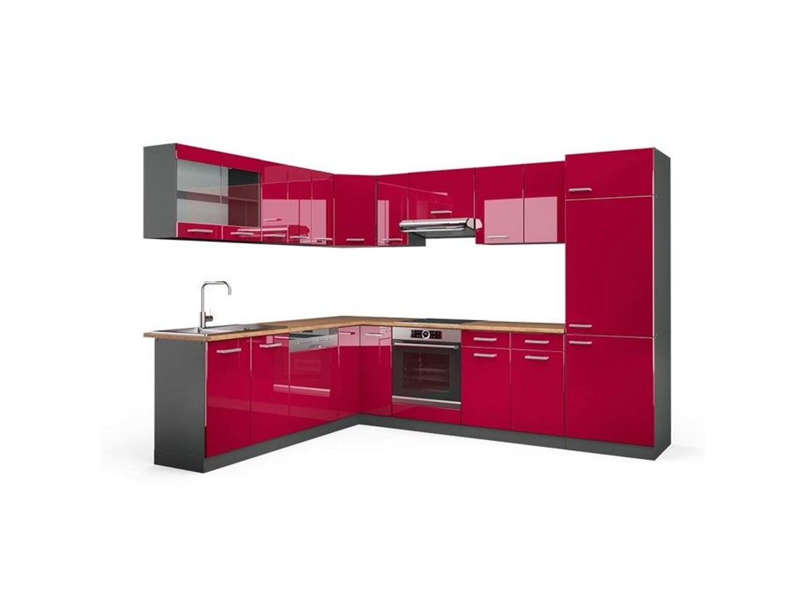 Cozinha de canto R-Line, 227 x 287 cm, PT Carvalho, Borgonha alto brilho/antracite, Vicco
