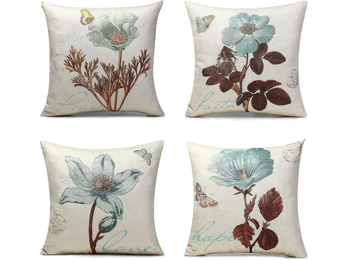 Omni 4 Capas de Almofada Decorativas Florais de Linho 45x45 Cm/18x18 Polegadas para Sofá e Lar