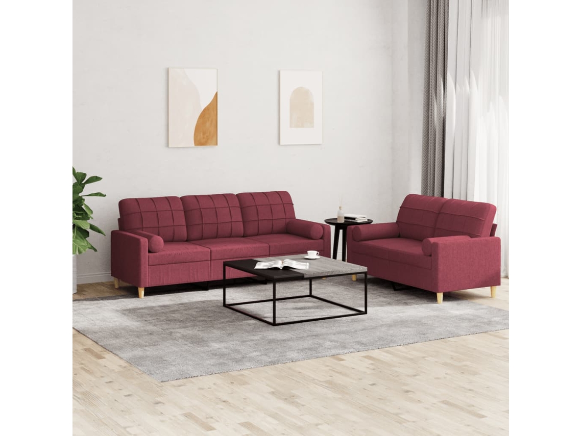 Vidaxl 2 Pcs Conjunto De Sofás Com Almofadas Tecido Vermelho-tinto