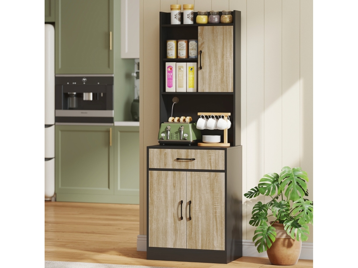 Cômoda De Cozinha Moderna, Bancada E Passagem Para Cabos, Uma Gaveta, Três Prateleiras Abertas Madeira Natural Cor Preta