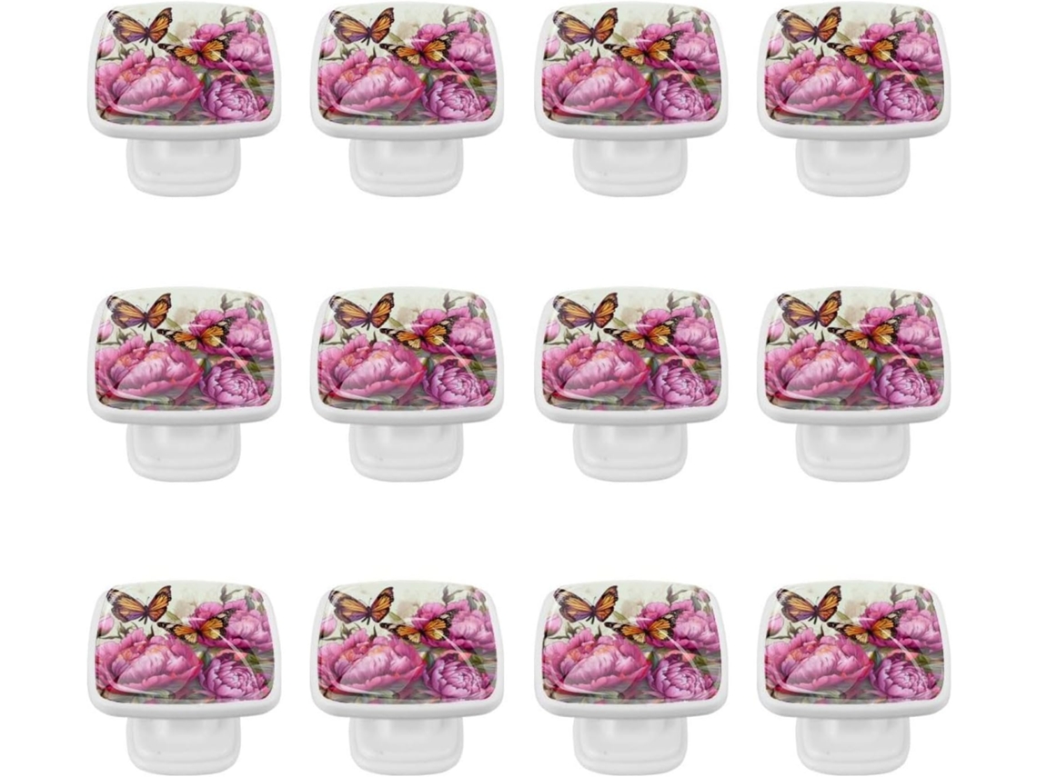 Puxadores E Botões Quadrados Para Gavetas Armários, Conjunto De 12 Peças, Com Estampa Floral De Borboletas, Ideais Para
