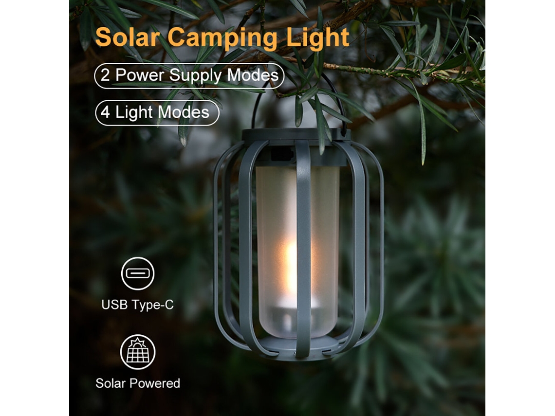 Lanterna De Camping Solar Preta, Portátil, 4 Em 1, Luz Led Para Área Externa, Com Tripé, À Prova D'água Ipx4, Usb-c E Energia Solar