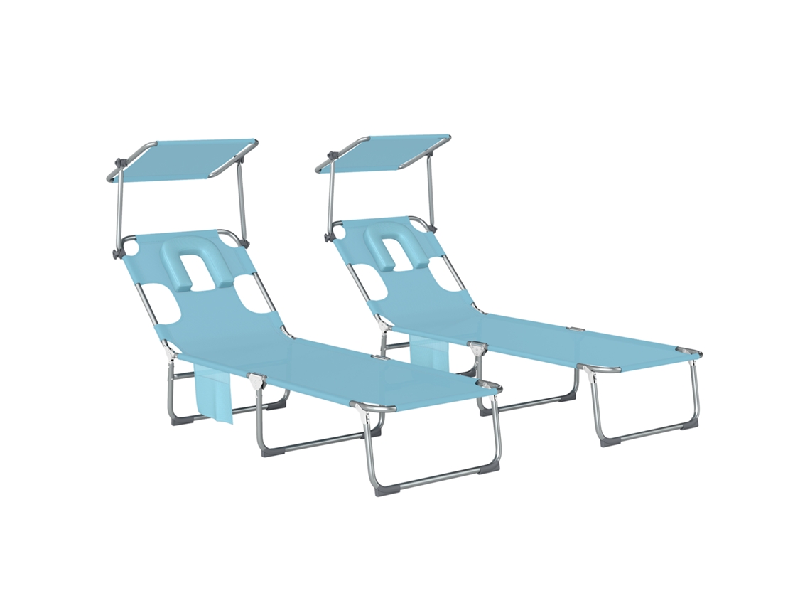 Conjunto 2 Espreguiçadeiras Dobráveis Dossel 360° Encosto 5 Posições Orifício Facial 188x56x27cm Azul Claro