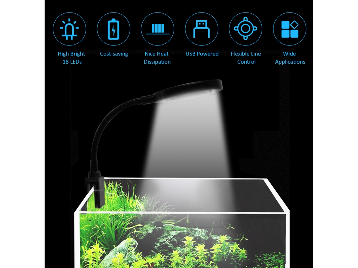 Luz de Aquário LED 5V 7W, 18 LEDs, Clip USB, 3 Cores, Brilho Ajustável