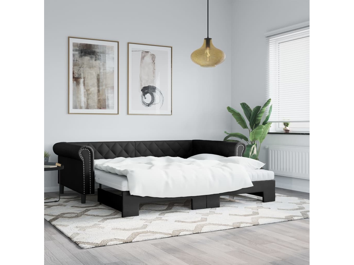Sofá cama con cajón y colchón sintético negro de 90x200 cm.