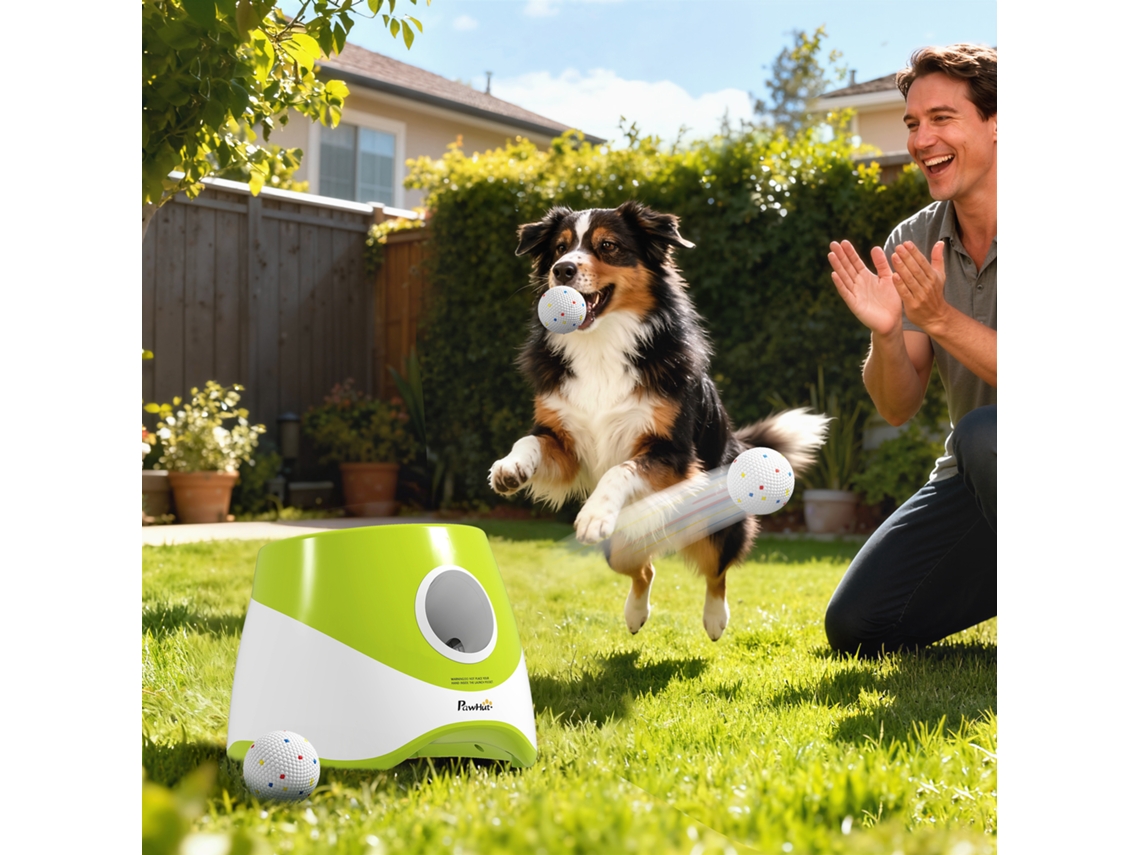 Lançador Automático De Bolas Para Pets, Acompanha 3 Bolas Etpu, Com 3 Ajustes De Alcance: 6, 10 E 14 Metros, Uso Interno E Externo, Na Cor Verde