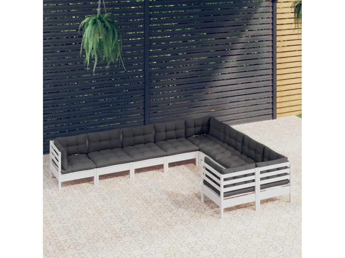 Vidaxl 9 Pcs Conjunto Lounge De Jardim C/ Almofadões Pinho Branco