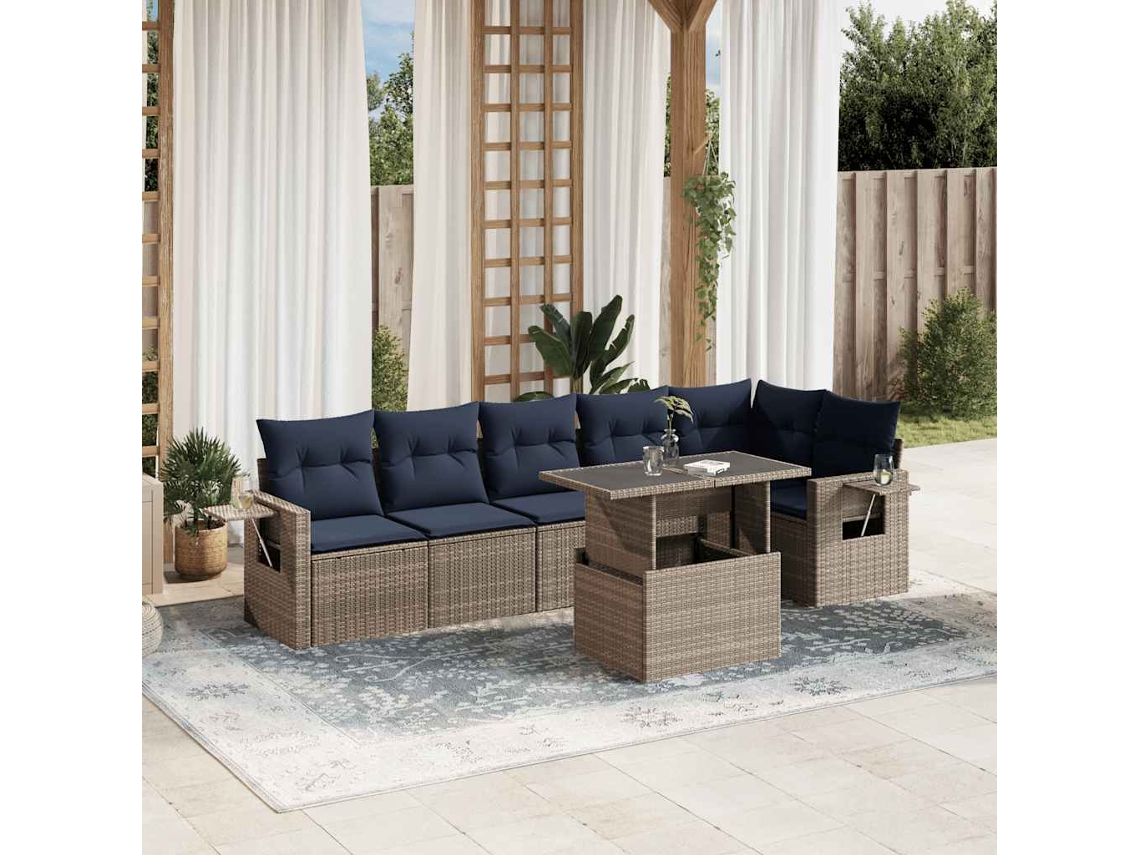 Vidaxl Conjunto De Sofá De Jardim Com 7 Peças E Almofadas Em Rattan Sintético Cinza