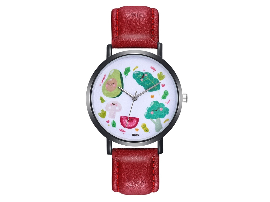 Relógio de pulso unissex Zhoulianfa com mostrador de frutas e pulseira de couro PU vermelha.