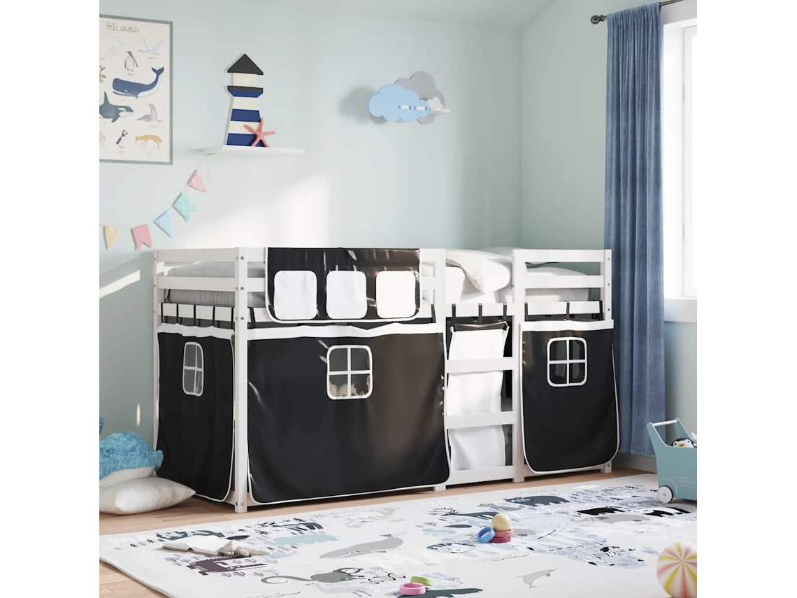Beliche Com Cortinas 80x200 Cm Pinho Maciço Branco E Preto