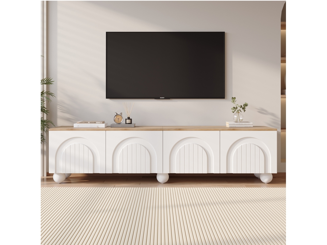 Móvel De Tv Para Televisores Até 80 Polegadas Com 4 Portas E 6 Pés De Metal Mdf Branco E Carvalho 180x40x45 Cm