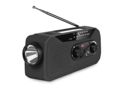Rádio Portátil com Manivela e Energia Solar, Autossuficiente, Preto AQUAFORGE
