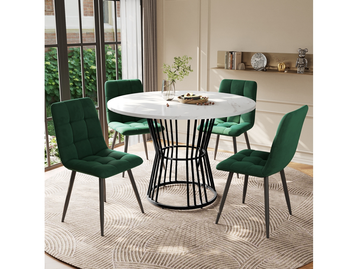 Conjunto Mesa De Jantar 5 Peças Redonda Mdf Branco 100cm Com Cadeiras Veludo Verde E Pernas Metal Preto Moderno E Elegante Echo