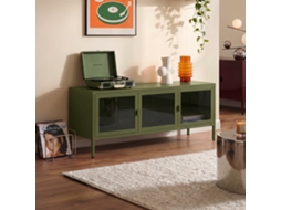Suporte de TV Industrial Ezra, 130 cm, 3 portas, verde oliva, vidro temperado