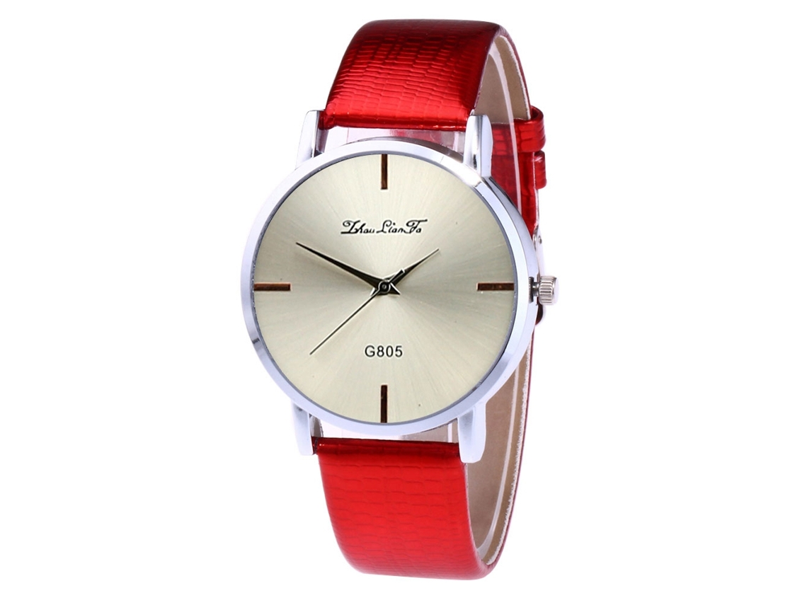 Relógio analógico de quartzo com pulseira de couro PU para homens e mulheres (vermelho)
