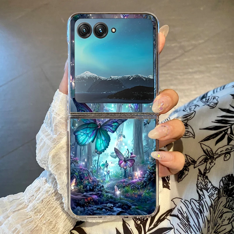 Capa Transparente Para Motorola Razr 50 Com Estampa De Borboletas E Floresta, Em Policarbonato Rígido À Prova De Choque.