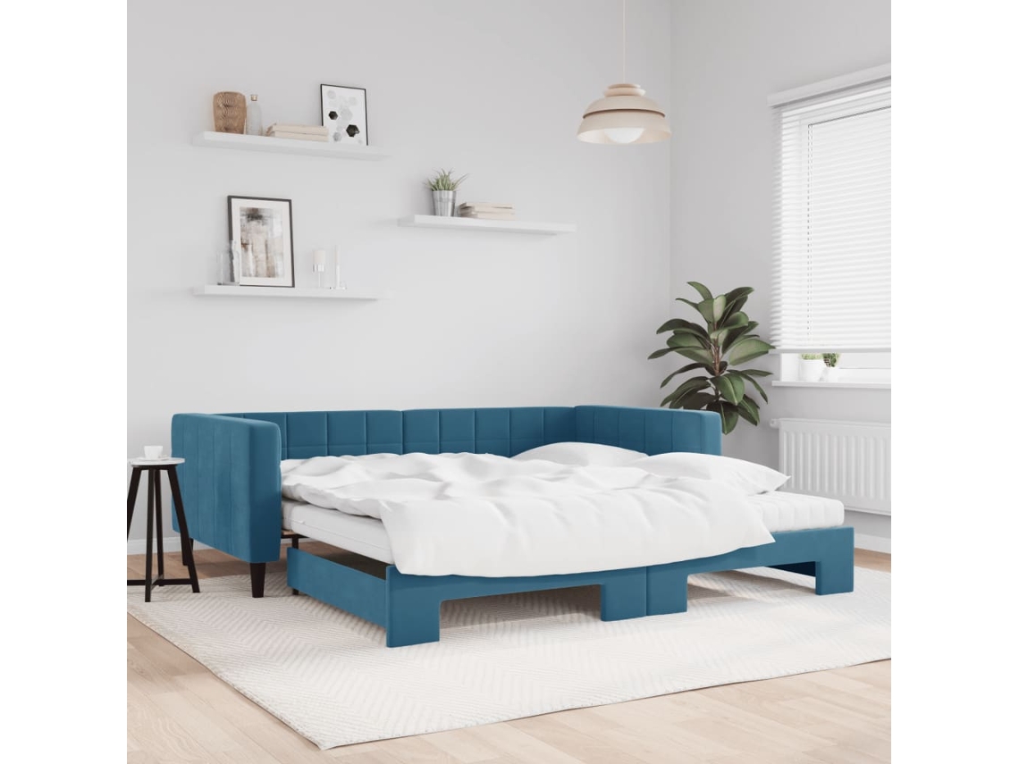 Sofá cama con cajón y colchones de 100x200 cm en terciopelo azul