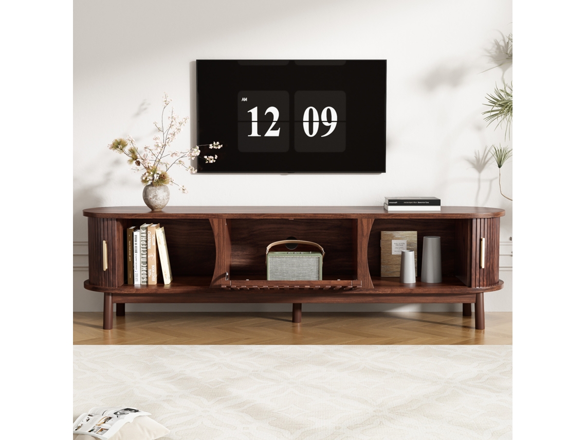 Móvel Para Tv Castanho Retrô, 165 X 39,5 X 46 Cm, Portas De Correr, Porta Basculante E Ripas, Até 65 Polegadas