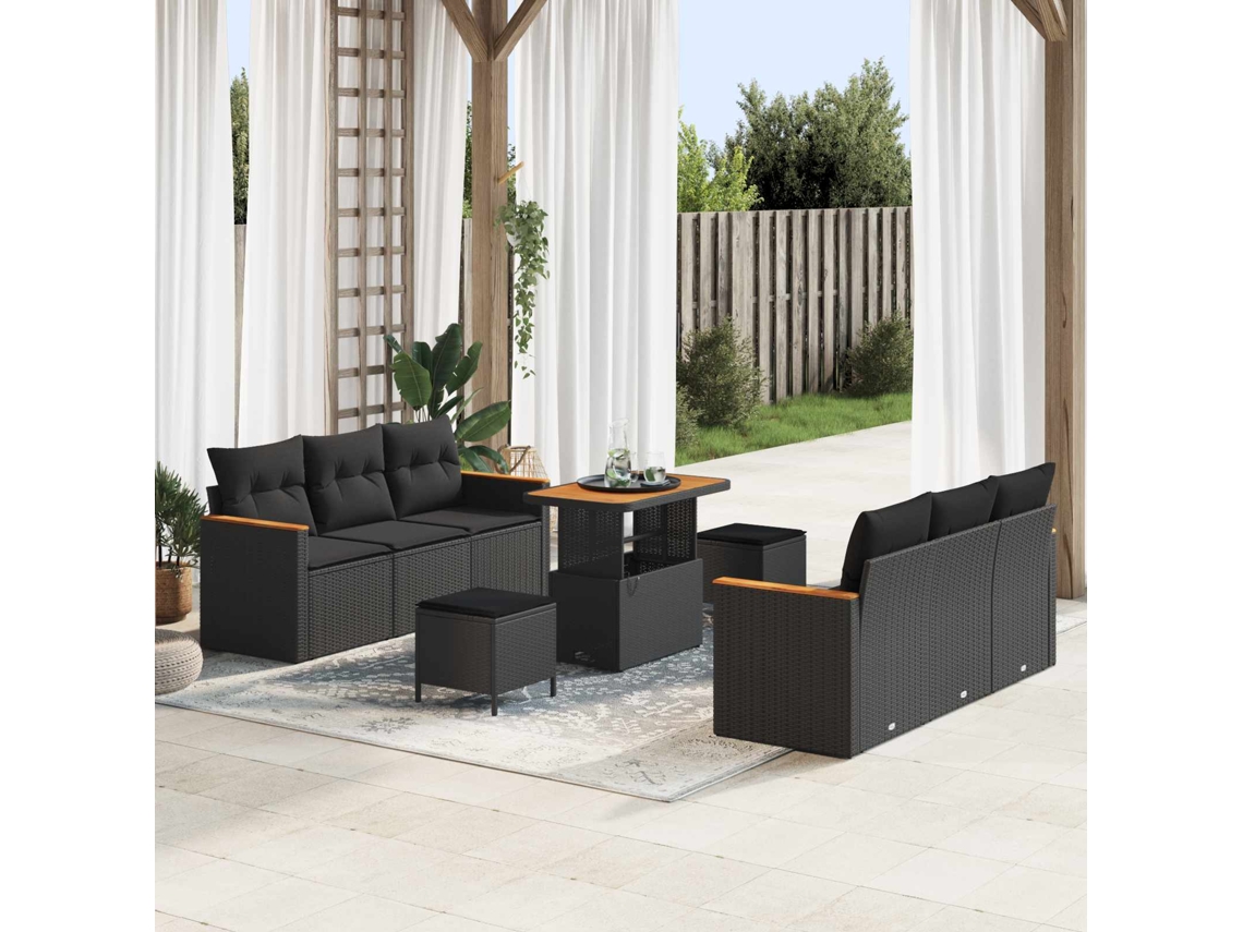 Vidaxl Conjunto De Sofá De Jardim 9 Pcs Preto Vime Pe