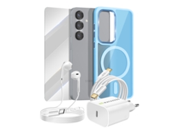 Mayaxess Pack Essencial Para Galaxy S25 Capa, Vidro, Carregador, Fones De Ouvido (5 Peças) Azul Claro