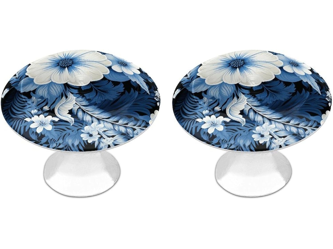 Conjunto De 2 Puxadores Aço Inoxidável Para Armários Cozinha, Com Estampa Floral Azul E Branca Personalizada Ideais Para