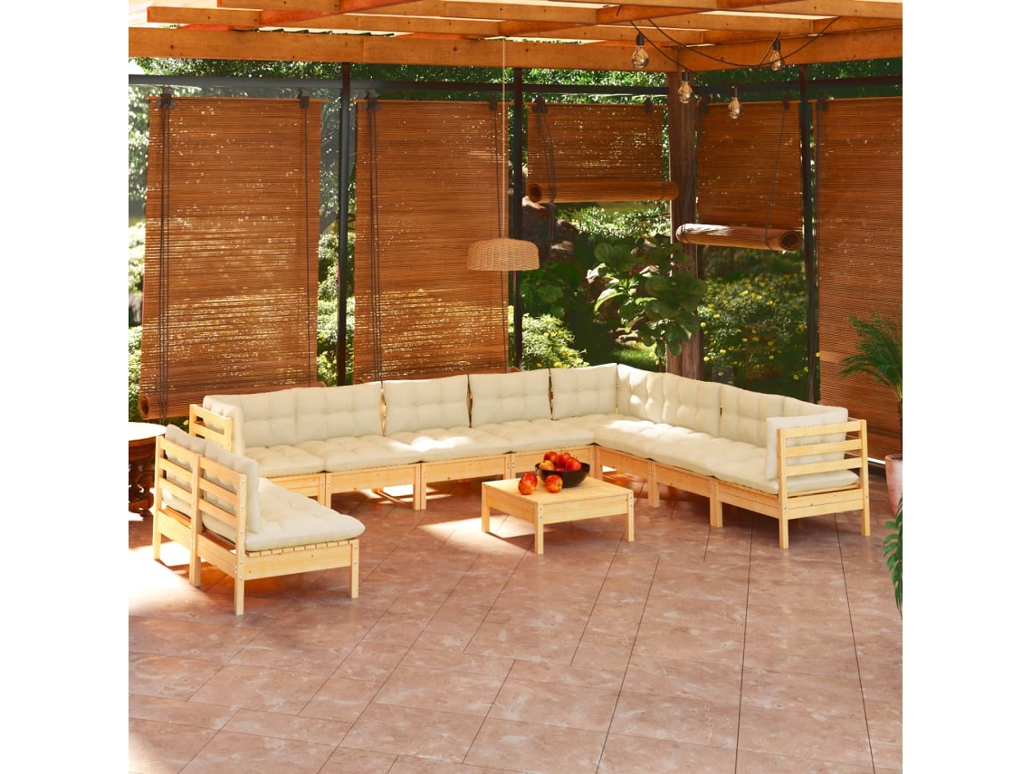 Vidaxl 11 Pcs Conjunto Lounge Jardim C/ Almofadões Creme Pinho Maciço