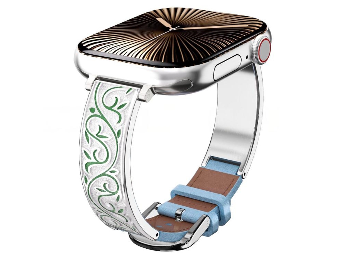 Bracelete para Apple Watch 46/49/45/44mm Híbrida Aço Inoxidável com Couro Genuíno e Entalhe Floral Retrô Prata + Azul XIAOMOYU