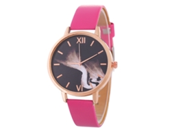 Relógio de Pulso Feminino de Quartzo com Pulseira de Couro Pu Estilo Simples Rosa Vermelho