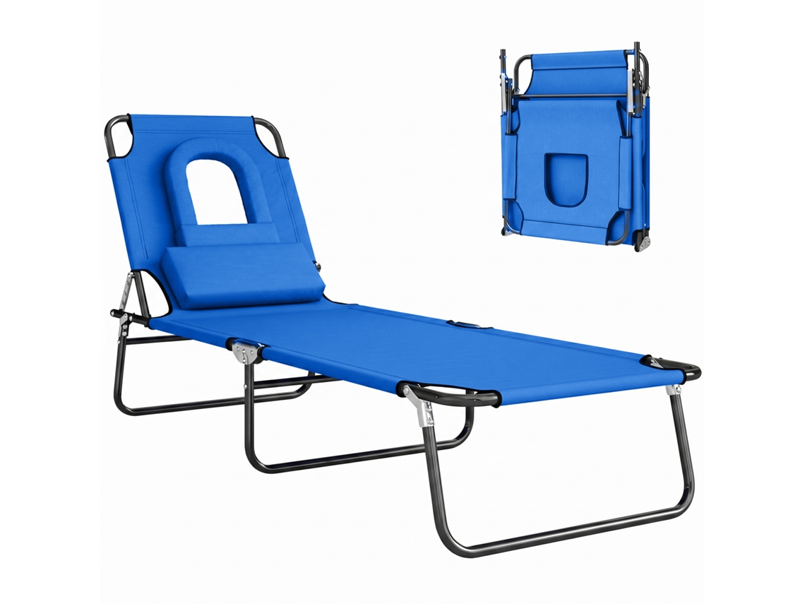 Espreguiçadeira Dobrável Jardim com Encosto 4 Posições, Almofada, Estrutura Aço e Tecido Oxford 190x56x28cm Azul PROFESIA BOYANG