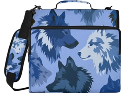 Pasta com 3 argolas e estampa de lobo azul, zíper, alça de ombro removível. Inclui bolsa com zíper e carteira portátil.