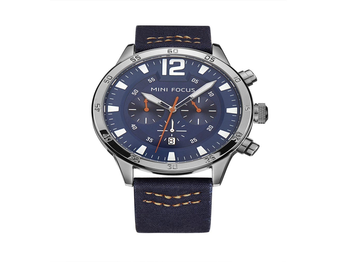 Relógio masculino analógico de quartzo em liga metálica com mostrador redondo, modelo Mini Focus (azul e branco)