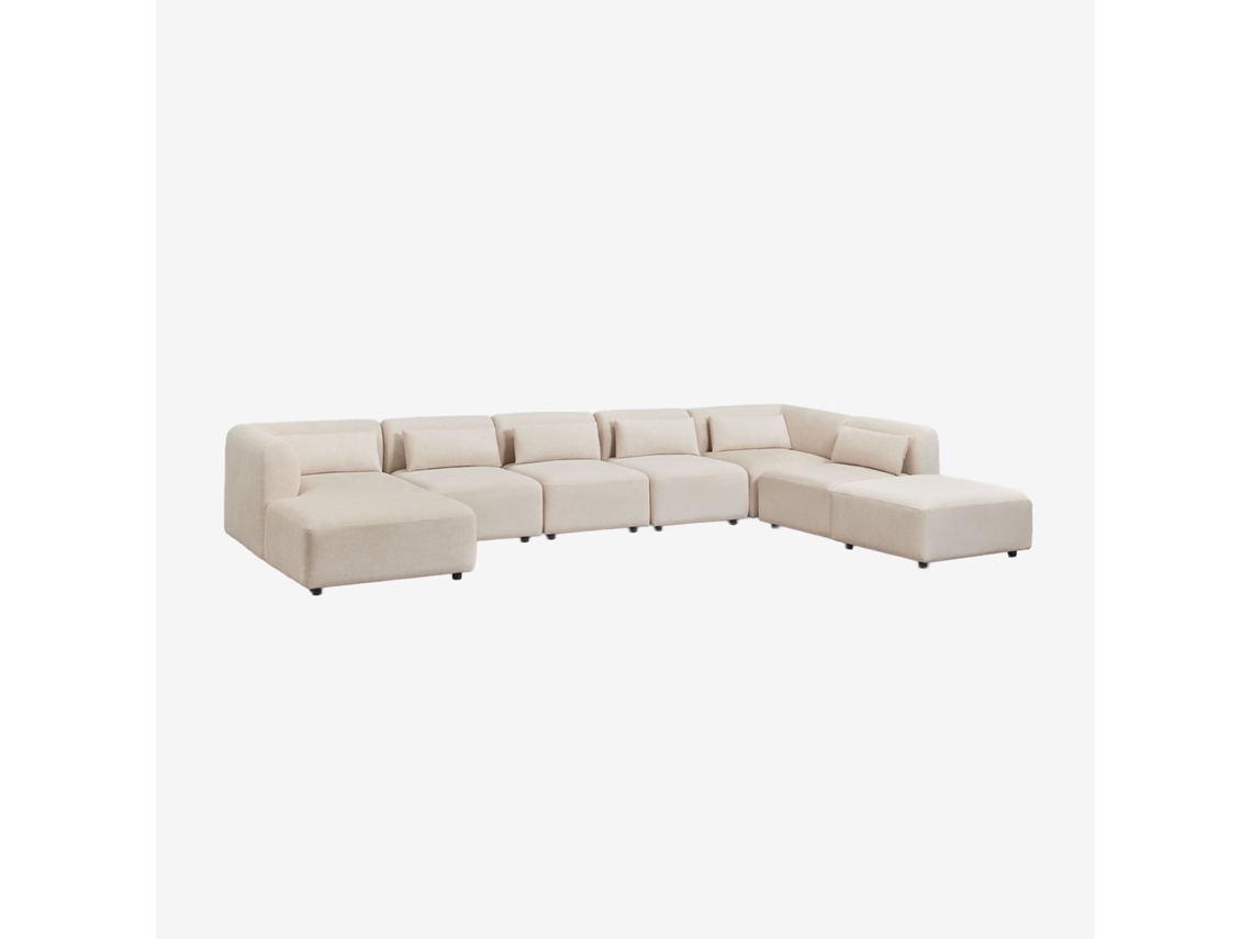 Sklum Sofá Modular Chaise Longue Esquerdo De 6 Peças Com Puff Fogler Poliéster  Bombazina Crema Linho